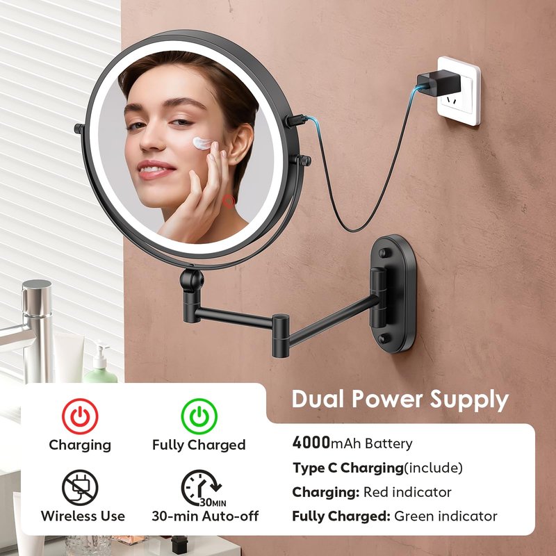 ZLOKLA 9" Wall Mounted Lighted Makeup Mirror,4000mAh Rechargeable Double Sided 1X/20X Magnifying Mirror with Light,Touch Dimmable,Extended Arm 360 Rotation Wall Mounted Makeup Mirror 3 Color Lights-B