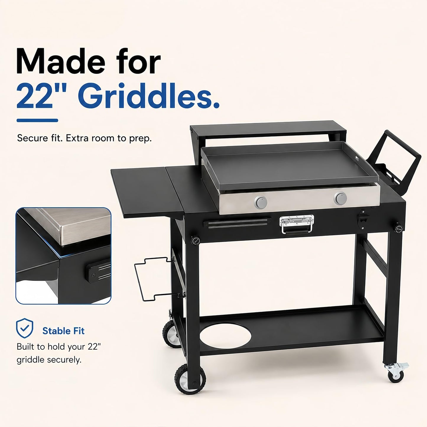 Grill Cart for Blackstone 17 and 22 Inch Griddle – 31.5" Tall Outdoor Griddle Table with Wheels, BBQ Prep Station with Side Shelf, Bar Top Shelf and Lower Storage, Foldable, Pizza Oven Compatible