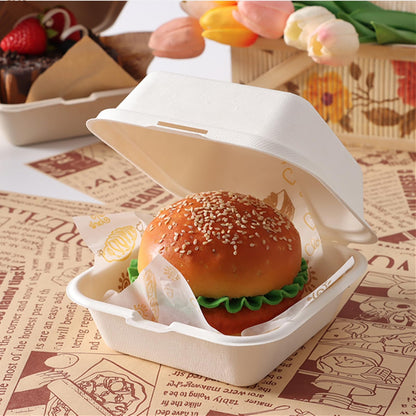 ToppYuanZea 150 Pack Clamshell Food Containers with Lid, 6 x 6 Inches Disposable Take Out To-Go Containers, White Bagasse Bento Box for Hamburger Sandwiches Chips, Microwave/Freezer Safe