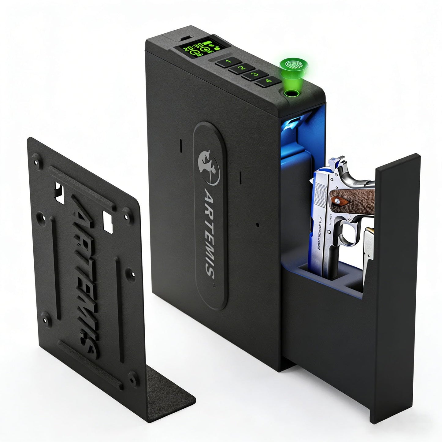 Biometric Slider Handgun Gun Safe for Home Nightstand,Cloakroom, Desk,Bed Side,Truck, Artemis Auto Sliding Door Hand Gun Safe for Pistol Unlock Fingerprint，Digital PIN，Key Access