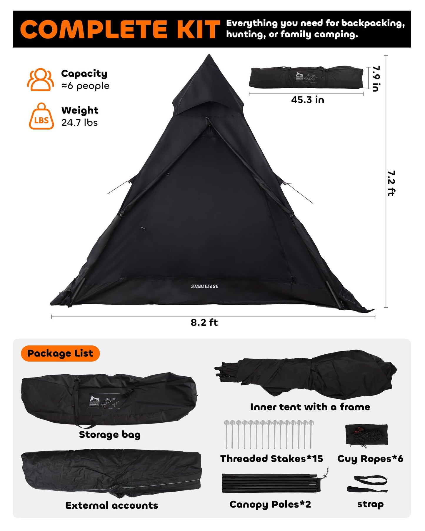 Teepee Camping Tent, 4-6 Person with Snow Skirt, Quick Setup 4 Season Double Layer Waterproof Anti-UV Windproof, for Family Outdoor, Hunting, Backpacking & Hiking, Heavy Duty All-Weather Shelter