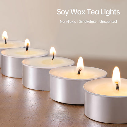 DEVI 6 Hour Soy Wax White Tea Lights Candles 100 Pack Paraffin-Free, Soy Tealight Votive Candles Bulk-6 Hours Long Burning, Unscented Small Tea Lights for Home Weeding Decor