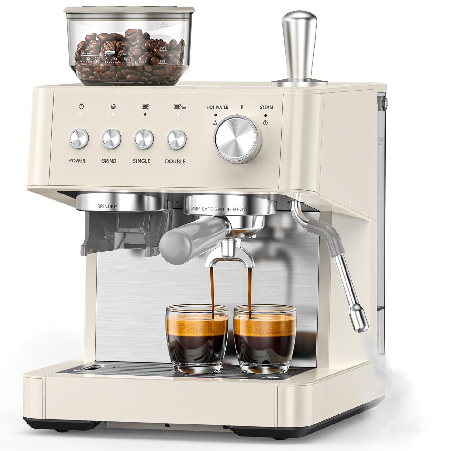 (2026 Upgrade) 15 Bar Espresso Machine with Built-in Anti-Clog Coffee Grinder, Expresso Coffee Machines with Milk Steam Wand/Frother/Tamping Tools,Espresso Maker with Grinder for Lattes-Almond