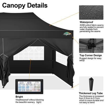 COBIZI 10x20 Pop up Canopy Tent 10x20 Canopy with 6 Sidewalls Waterproof Heavy Duty Commercial Canopy Tent for Parties Outdoor Garden Gazebo, Carry Bag with Wheel(10x20ft,Space Black)