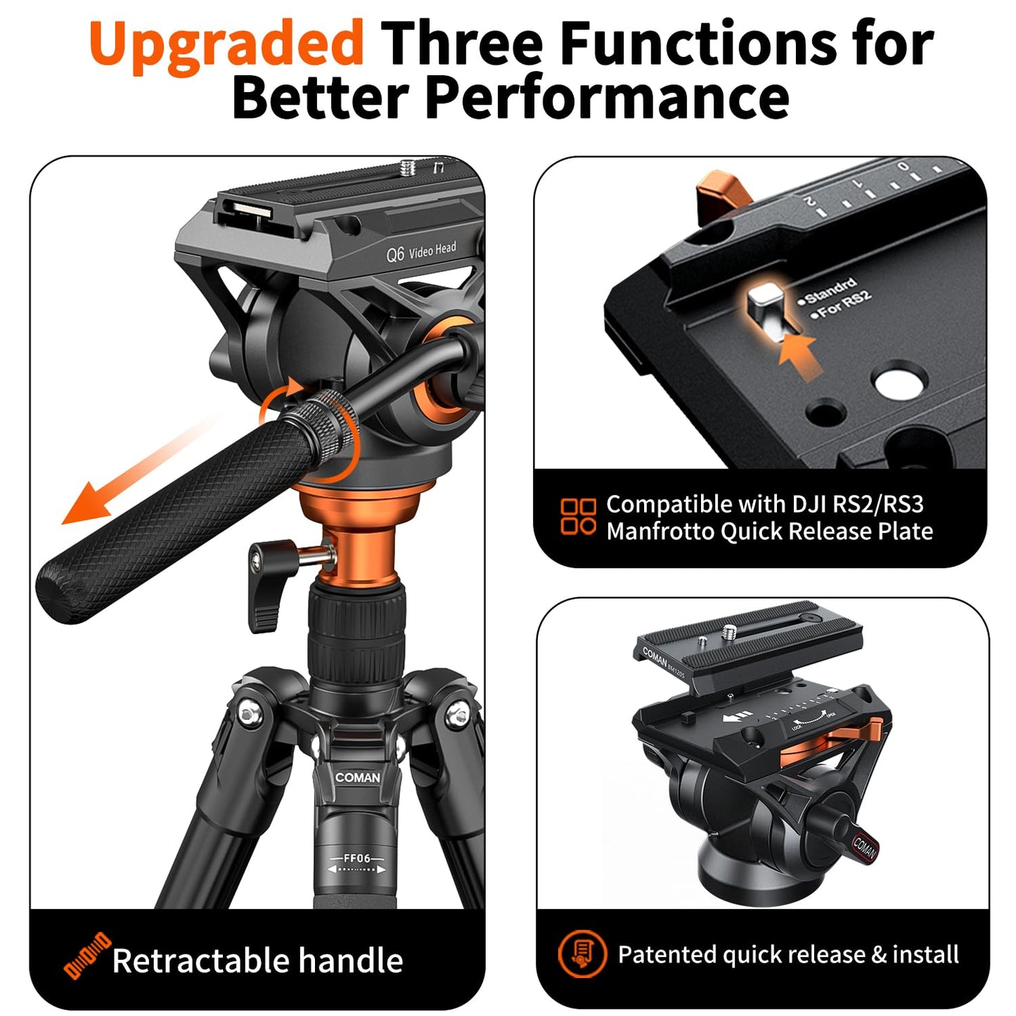 COMAN 73" Camera Tripod with Fluid Head & Leveling Bowl, 22lb Payload, Portable Aluminium 2-in-1 Tripod Monopod, Quick Release Plate, for Canon Nikon Sony DJI DSLR Camera, Black (FF06S)