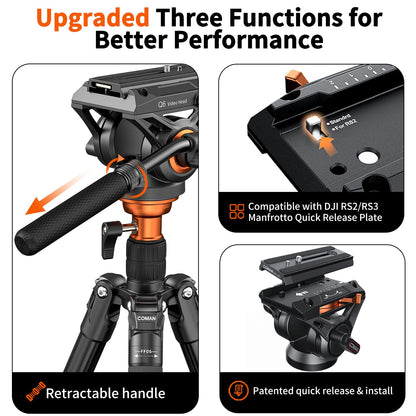 COMAN 73" Camera Tripod with Fluid Head & Leveling Bowl, 22lb Payload, Portable Aluminium 2-in-1 Tripod Monopod, Quick Release Plate, for Canon Nikon Sony DJI DSLR Camera, Black (FF06S)