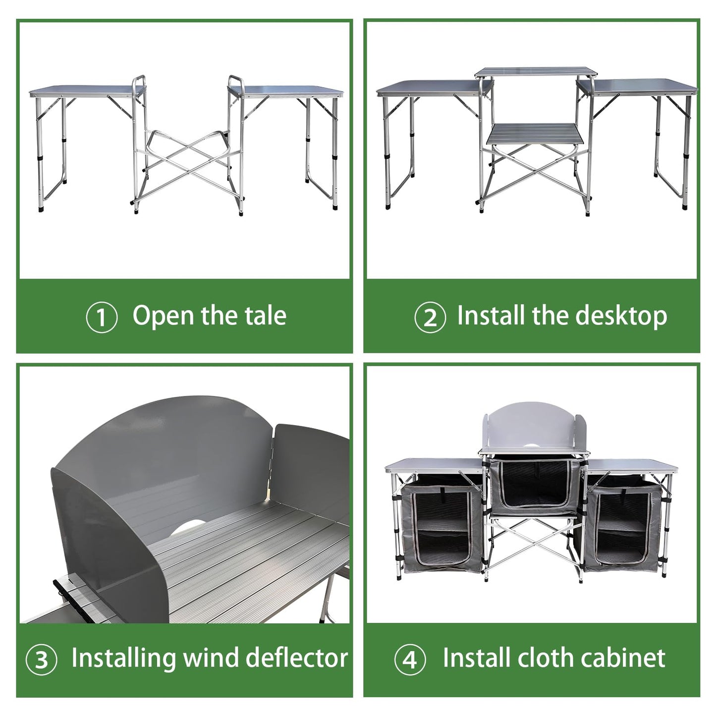 CAMP SOLUTIONS Camping Kitchen Table, Portable Folding Aluminum Cooking Table with 3 Storage Cupboards and Carrying Bags, Outdoor Cooking Station for Beach BBQ RV Traveling Camping Party (Grey)