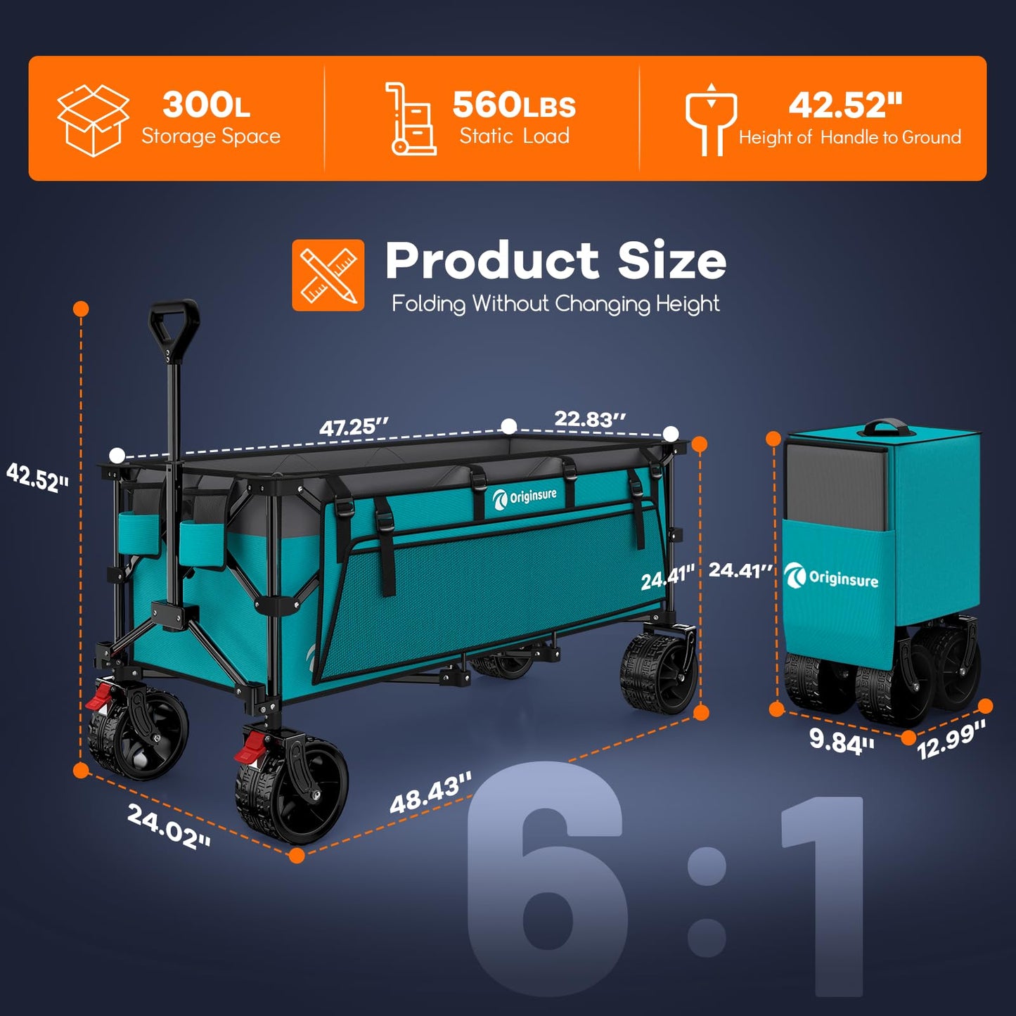 Originsure 48" L Collapsible Wagon Cart Foldable, 560lbs Weight Capacity 300L Heavy Duty Folding Beach Wagons with Big All-Terrain Wheels, Utility Carts for Groceries, Camping, Sports - Grey&Turquoise