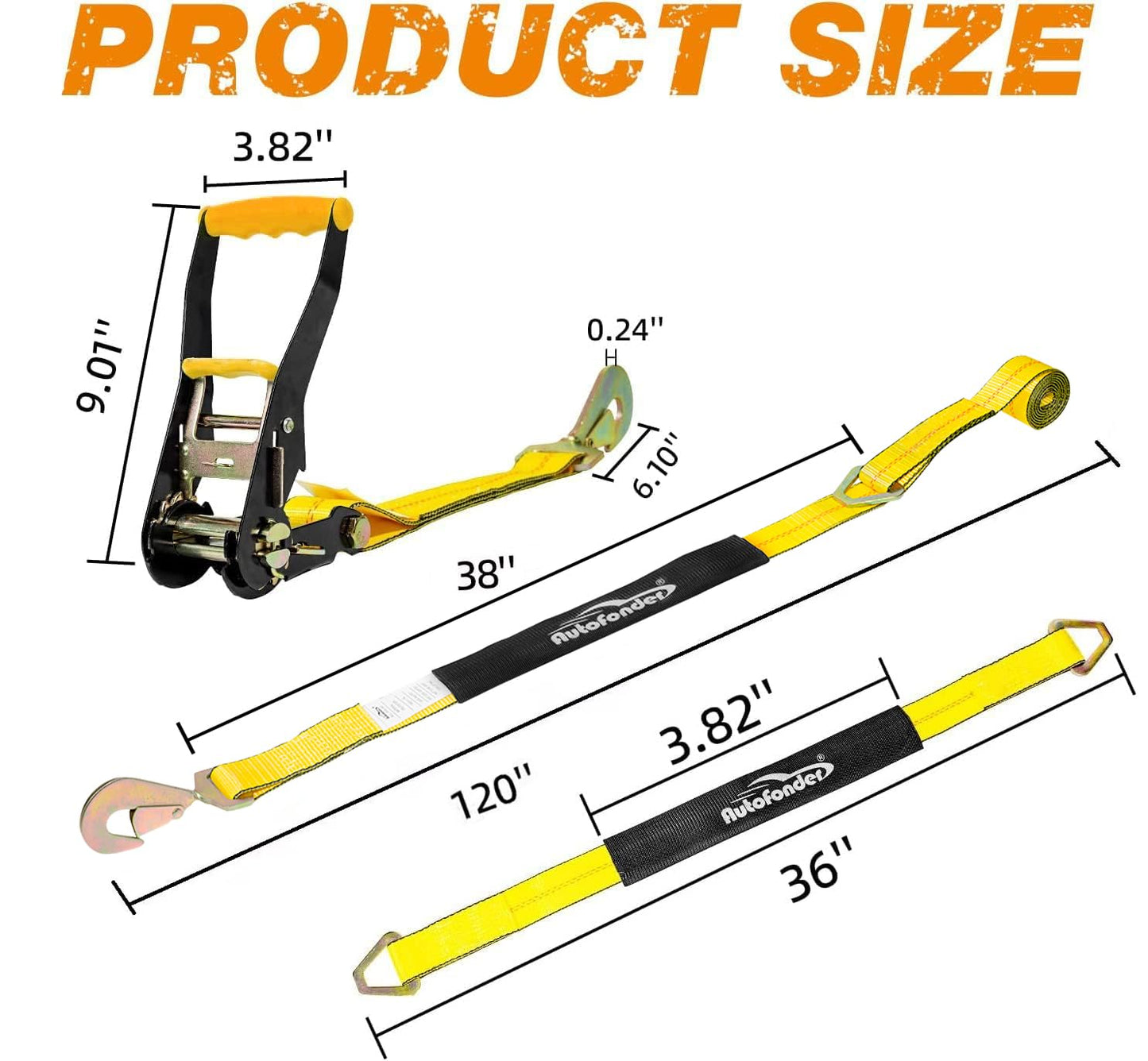 Autofonder Heavy Duty Adjustable Car Tie Down Kit with Snap Hooks -Break Strength 10,000 lbs-Working Load 3333 lbs-Bonus Includes 4 Pack 36" Axle Straps with D-Ring(Yellow)