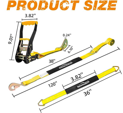 Autofonder Heavy Duty Adjustable Car Tie Down Kit with Snap Hooks -Break Strength 10,000 lbs-Working Load 3333 lbs-Bonus Includes 4 Pack 36" Axle Straps with D-Ring(Yellow)
