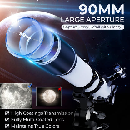 90mm Aperture Telescope 800mm Focal Length Refractor for Beginners & Adult, Professional Astronomy Telescope with 32X-240X Magnification, 3X Barlow Lens & Phone Adapter