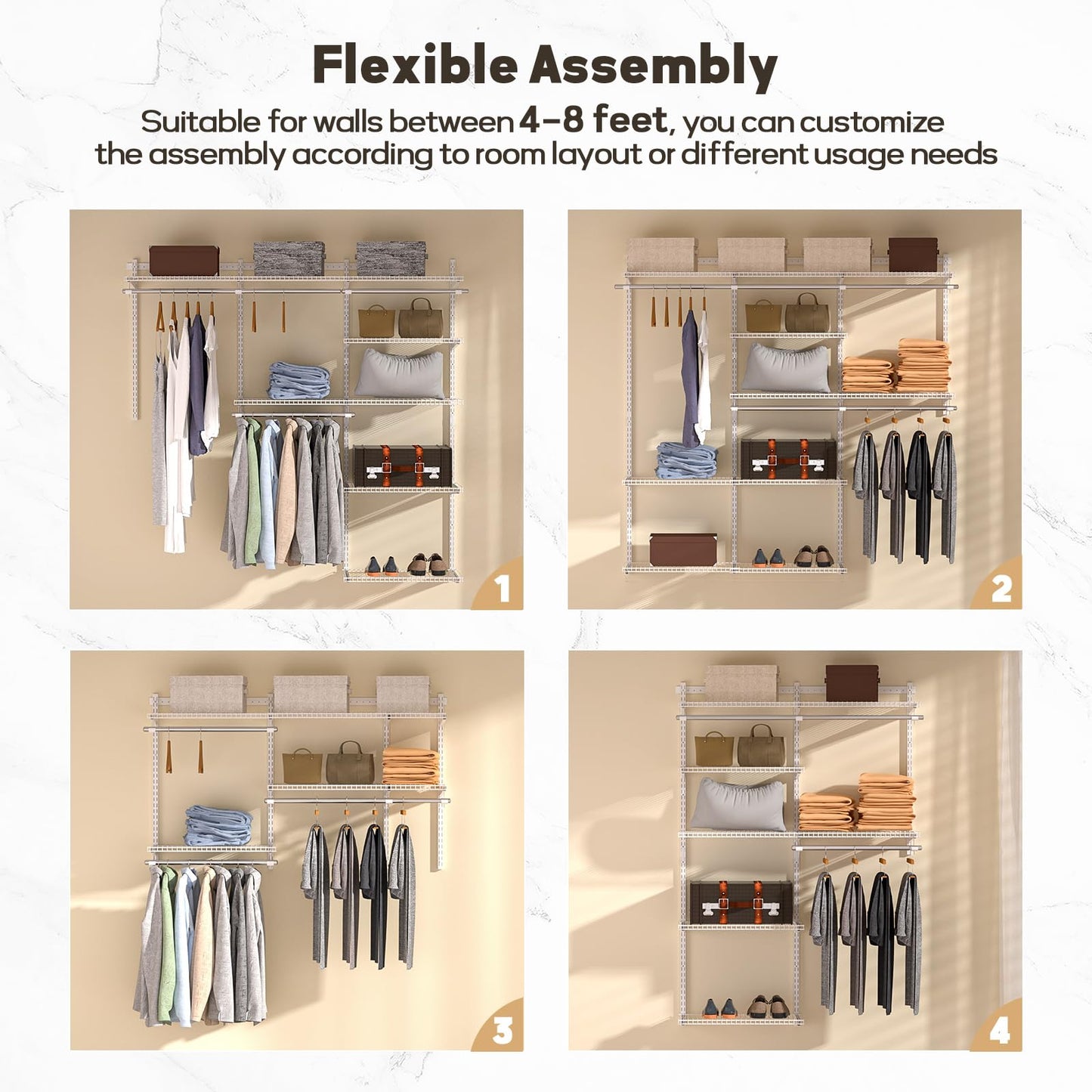 Homde Closet Organizer System Wall Mounted, 4-8 Ft. Adjustable and Expandable Metal Wire Shelving, Custom DIY Wardrobe Kit with Shelf, Clothes Hanging Rods, for Home Closet Laundry Mudroom