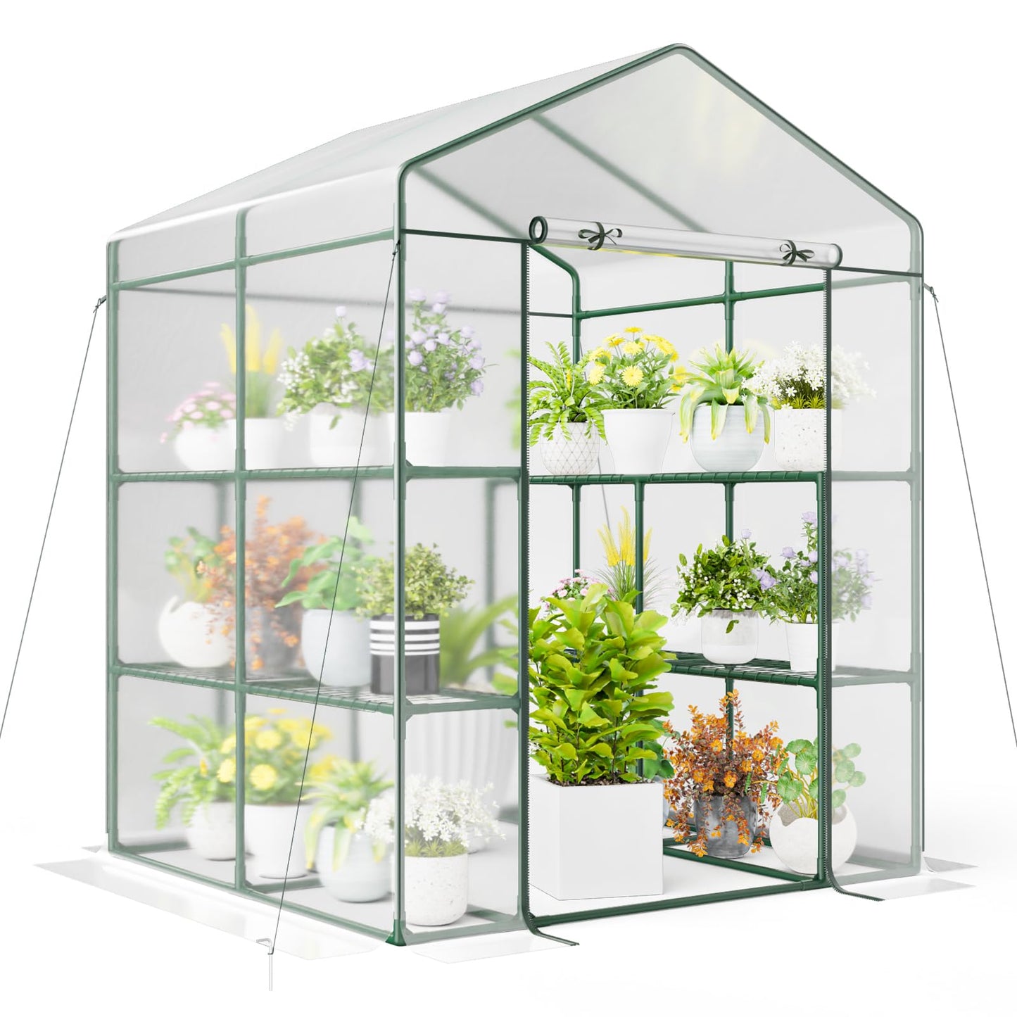 Happygrill Greenhouse, Portable Greenhouses for Outdoors w/8 Shelves, Roll-Up Zippered Door, 2 Observation Windows & 2 Tiers, Weather-Proof PE Cover, Wind Rope (Transparent, 55” x 57” x 77”)