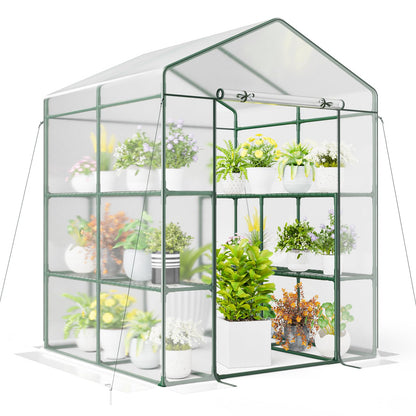 Happygrill Greenhouse, Portable Greenhouses for Outdoors w/8 Shelves, Roll-Up Zippered Door, 2 Observation Windows & 2 Tiers, Weather-Proof PE Cover, Wind Rope (Transparent, 55” x 57” x 77”)