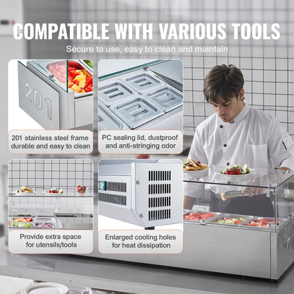 VEVOR Condiment Prep Rail Station, 150 W Countertop Refrigerated Condiment Station, with 4 1/3 4 1/6 Pans, 304 Stainless Body and PC Lid, Sandwich Prep Table with Glass Guard, ETL, Silver