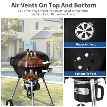 22.5-Inch Portable Charcoal Grill, Heavy Duty Kettle BBQ Smoker with Built-in Thermometer & Removable Water-Rinsable Ash Catcher for Outdoor Camping, Patio, Backyard, and Tailgating