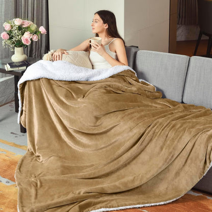 KAWAHOME Sherpa Fleece Queen Size Blanket - Extra Warm 500GSM Plush Blanket in Camel, Perfect for Winter