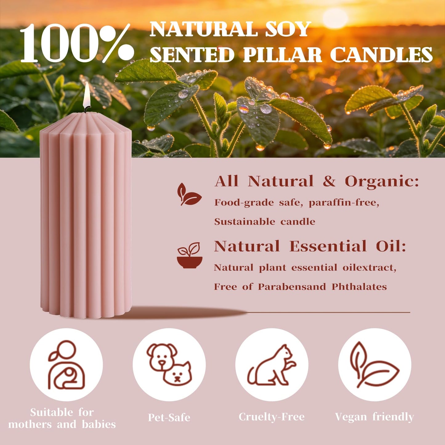 Pink Ribbed Pillar Candle Set of 3 - Wild Bluebell Scented Soy Wax Candle,Aesthetic Decorative Textured Pillar for Home Decor-2.8x4,6,8in Long Lasting Fragrance for Mother’s Day Gifts,Spa,Wedding