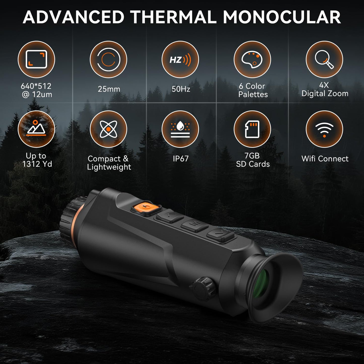 Night Vision Monocular 25mm 640x512 (50 Hz) Thermal Imaging Monoculars, 4X Digital Zoom, Detection 3937yd, 6 Mode, 6H+, IP67 WiFi Heat Vision Infrared Imager for Hunting Camping