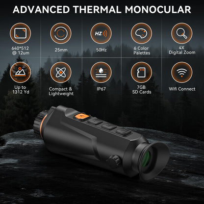 Night Vision Monocular 25mm 640x512 (50 Hz) Thermal Imaging Monoculars, 4X Digital Zoom, Detection 3937yd, 6 Mode, 6H+, IP67 WiFi Heat Vision Infrared Imager for Hunting Camping