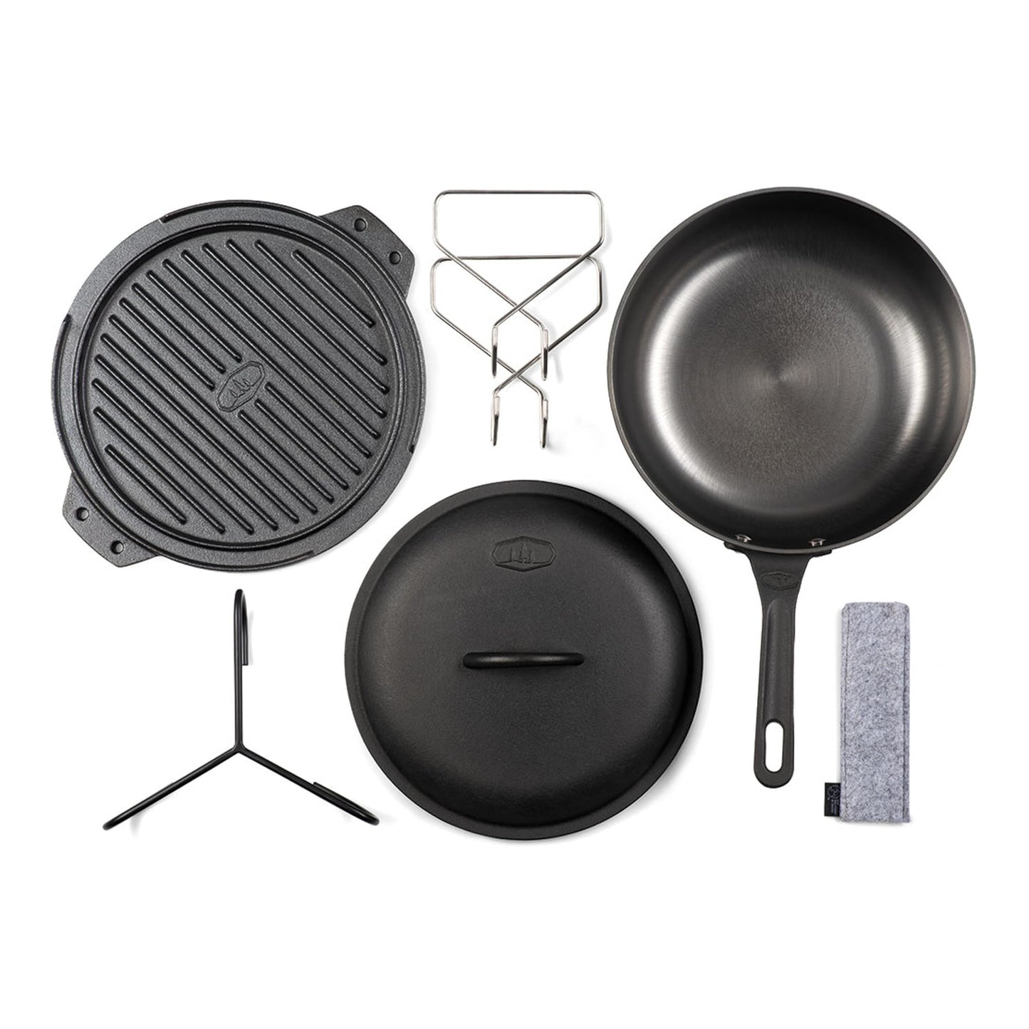 GSI Outdoors Guidecast Outdoor Cookset: 10" Deep Frypan with Dome Lid, Dual-Sided Cast Iron Griddle/Grill, Removable Handles
