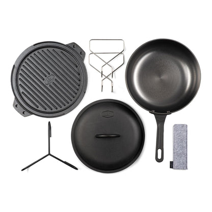 GSI Outdoors Guidecast Outdoor Cookset: 10" Deep Frypan with Dome Lid, Dual-Sided Cast Iron Griddle/Grill, Removable Handles