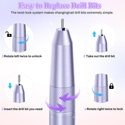 Electric Nail Drill Professional, 50000RPM Electric Nail File Portable Nail Drill Kit 6000mAh Rechargeable Machine for Acrylic Gel Nail, Manicure Pedicure Polishing Nail for Salon Home Purple