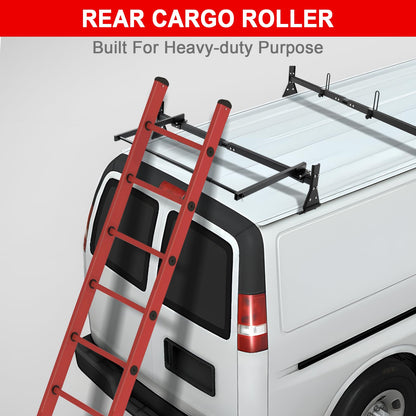LMYYGOO Universal Van Ladder Rack with Rear Roller, Adjustable 57"-65" with Ladder Stoppers for Chevy Express 1500 2500 3500 Ford Econoline GMC Savana Full-Size, Fits Rain Gutter Vans, 800LB Capacity