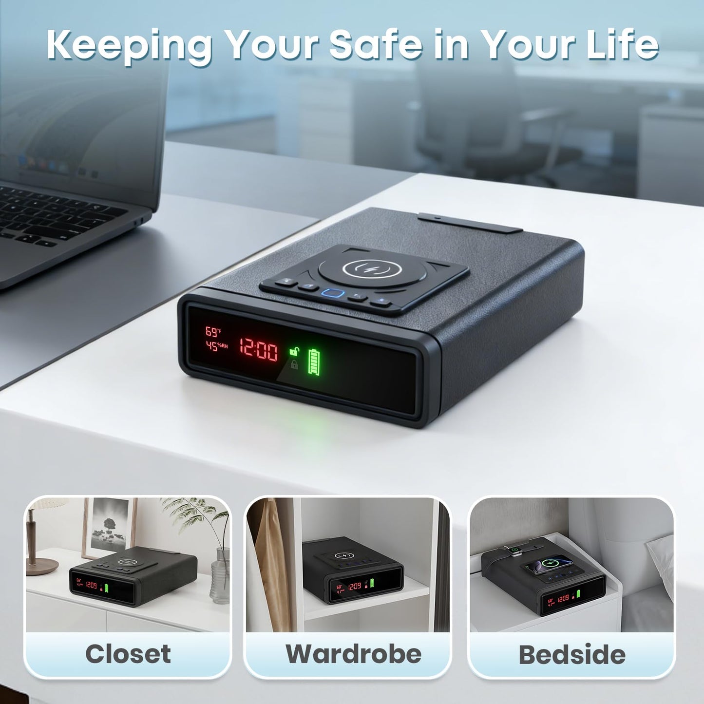 Biometric Fingerprint Gun Safe with Phone & Watch Wireless Charging, 3 Quick Access, Clock Handgun Safe with Adjustable Brightness, Backlit Keypad, Pistol safe for home, office.Gifts for Father's Day