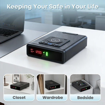 Biometric Fingerprint Gun Safe with Phone & Watch Wireless Charging, 3 Quick Access, Clock Handgun Safe with Adjustable Brightness, Backlit Keypad, Pistol safe for home, office.Gifts for Father's Day