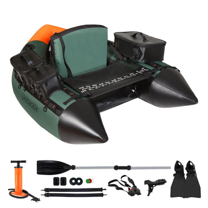 UNITACKLE Inflatable Fishing Float Tube, Belly Boat Fishing with Detachable Side Bags, Hand Pump, Fish Ruler, Paddle, Fins, Rod Holder and Mount, Inflatable Float Tube for 330lb Load Capacity
