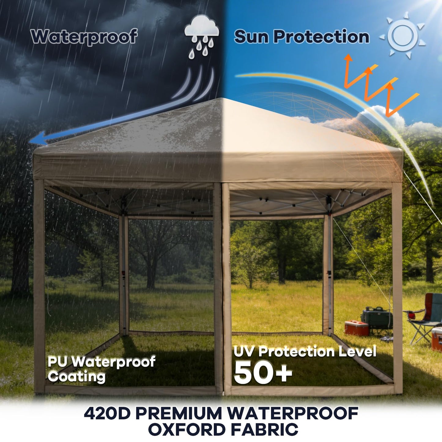 HAVZENO 10x10 Pop Up Canopy Tent with Mosquito Netting, Portable Waterproof Instant Outdoor Screen Shelter, Pop Up Tent for Patio, Backyard, Parties, Camping and Events, Beige