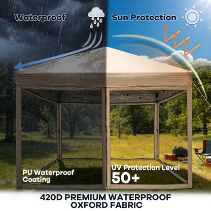 HAVZENO 10x10 Pop Up Canopy Tent with Mosquito Netting, Portable Waterproof Instant Outdoor Screen Shelter, Pop Up Tent for Patio, Backyard, Parties, Camping and Events, Beige