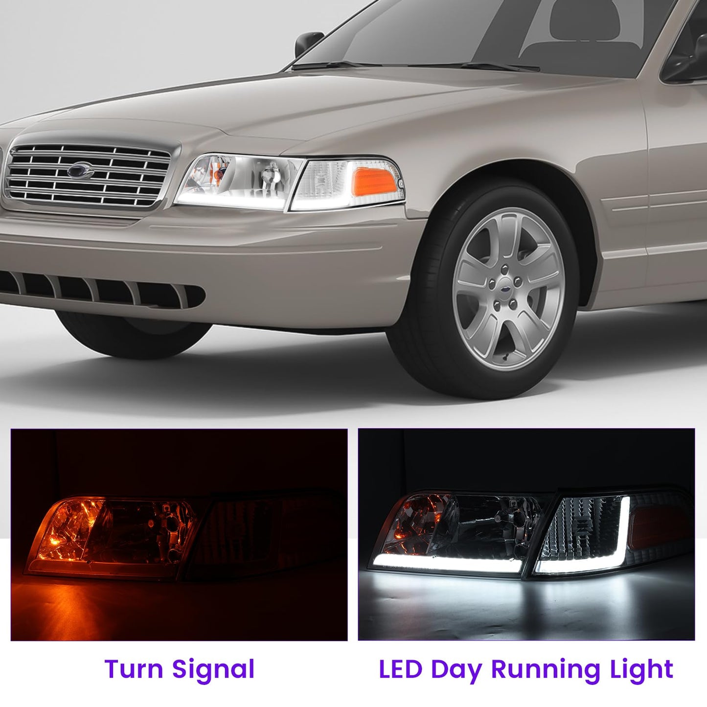 XGWZ Headlight Assembly LED DRL Compatible with 1998-2011 Ford Crown Victoria 98-11 Ford Crown Victoria w/Corner Headlamp (Chrome Housing Reflector, C)
