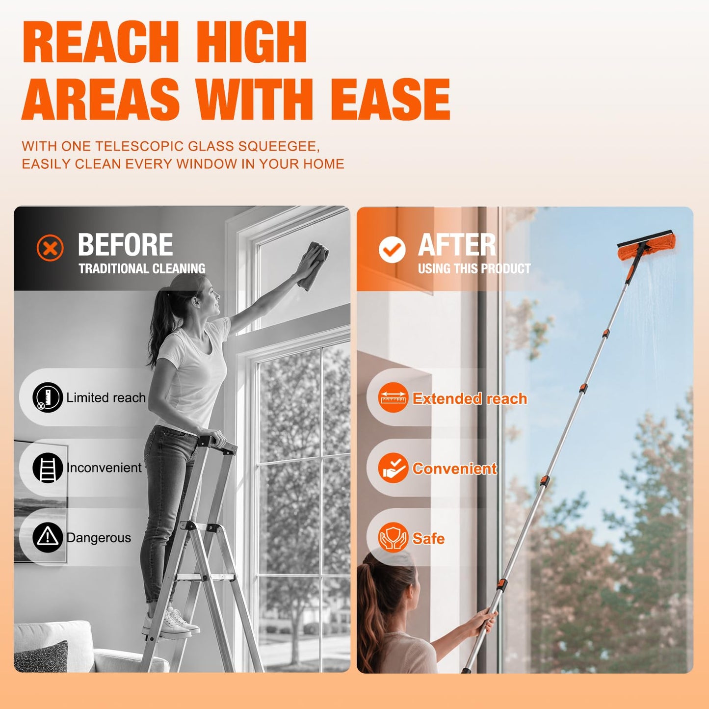 LAANPOLE 36FT Window Squeegee with Extension Pole, 2-in-1 Squeegee for Window Cleaning, Professional Cleaning Kit for Home with 30FT Telescoping Pole for Outdoor Indoor Use