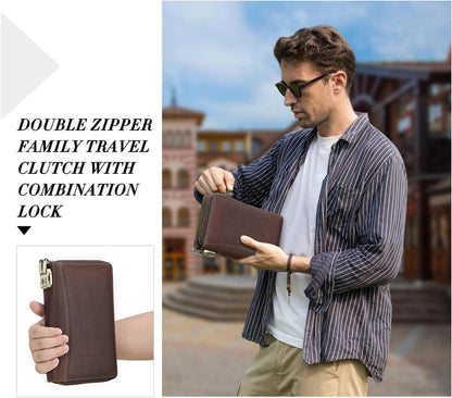 Men's Full Grain Leather Travel Passport Wallet Large Capacity Wristlet Clutch Phone Organizer Purse (Coffee)