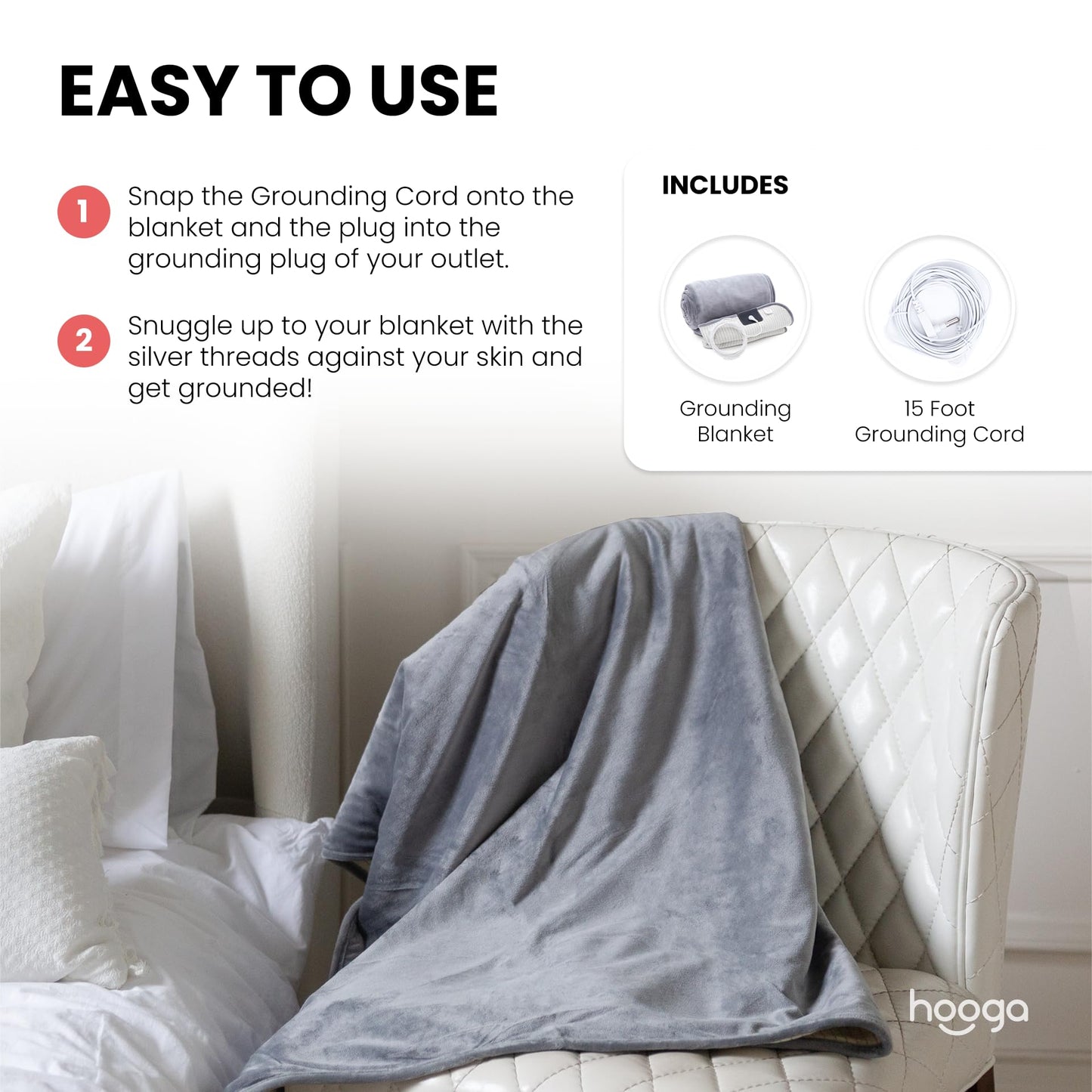 hooga Grounding Blanket for Improved Sleep, Pain Relief, Energy, Inflammation. Grounded Throw, Earth Connected Bedding. Conductive Silver Fiber. Grounding Cord Included. 60x80 Inch, Queen Size.