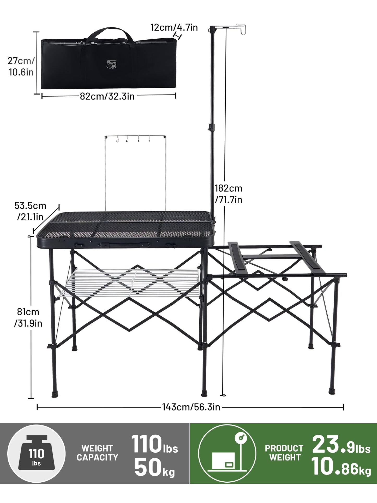 TIMBER RIDGE Portable Camping Kitchen Station, Folding Outdoor Cooking Grill Table with Heat-Resistant Steel Mesh Top & Storage Shelves, Heavy Duty Picnic RV Tailgating BBQ Easy Setup, 110lbs Capacity
