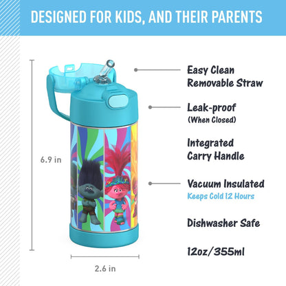 THERMOS FUNTAINER Water Bottle - 12 Ounce Kids Stainless Steel Vacuum Insulated with Straw | Trolls 3 Design
