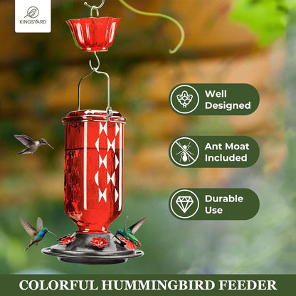 Kingsyard Hummingbird Feeder - 24 Ounce Glass Nectar Feeder with 6 Ports & Ant Moat | Red Garden Décor