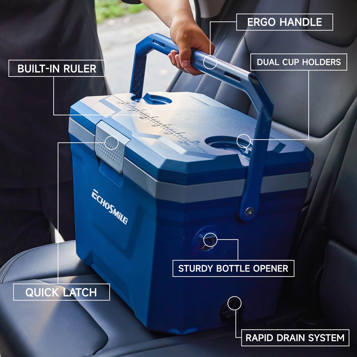 EchoSmile 20 Quart Insulated Cooler, Outdoor Portable Hard Cooler Ice Chest Box w/ 2 Cup Holders, Drain Plug, Bottle Opener, 3-Day Ice Retention for Camping, Beach, and Picnic,Navy