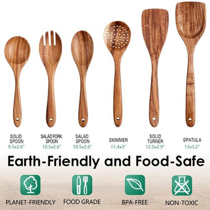 HOWHONG Wooden Spoons for Cooking, Teak Wood Kitchen Utensil Set, Premium Handmade Wooden Utensils for Nonstick Cookware, Heat Resistant, Smooth Finish, Comfortable Grip, 6 Piece