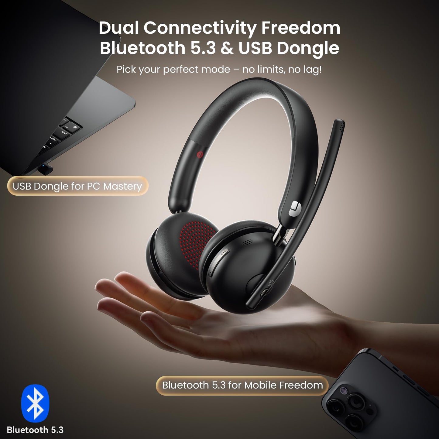 Dytole Wireless Headset with Mic for Work, Bluetooth 5.3 Headset with Noise Cancelling, Wireless Headphones with Mic & USB Dongle, 65H & Mute, Ideal for PC/Call Center/Computer/Laptop/Study