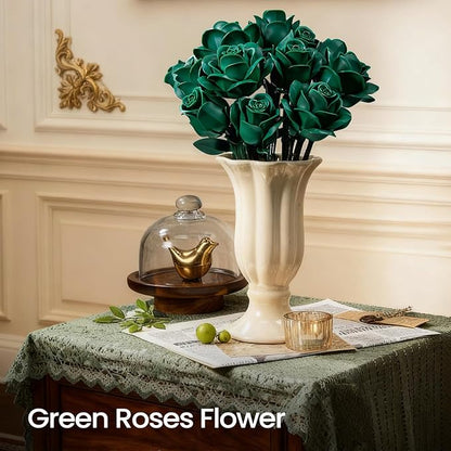 iATOM Green Rose Bouquet Building Set 12Pcs Fake Flowers Botanical Collection for Adult Valentine's Day Gift and Saint Patricks Day Decorations for Her/Girlfriend/Mom/Wife/Couple