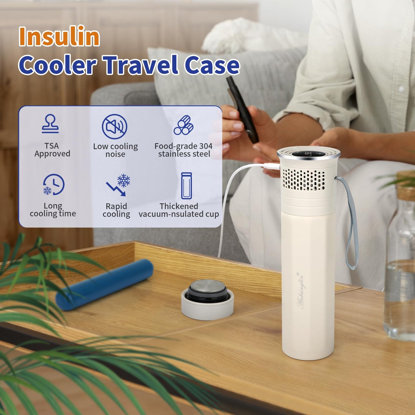 Anbanglin Electric Insulin Cooler Travel Case, TSA Approved Medication Cooler for Travel Hold 1–7 Medication Pens, 36-68F On–The–Go Medicine Diabetes Travel Case with Digital Display & Icicle, White