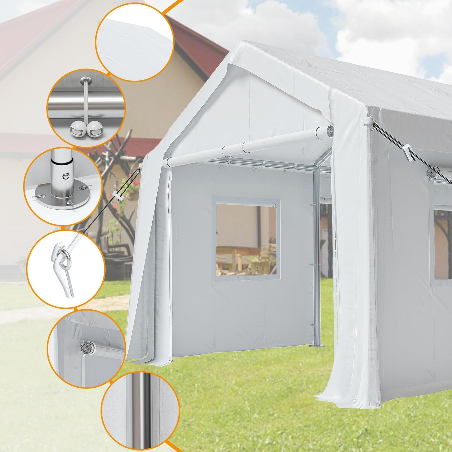 IDEALHOUSE 12x20 FT Heavy Duty Carport Canopy - Portable Garage with 6 Doors (4 Roll-Up + 2 Side), Waterproof All-Weather Shelter for Pickup Trucks & Boats (White)
