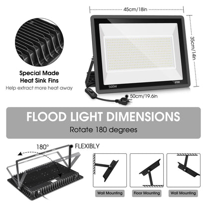 YANYCN 2 Pack 500W LED Flood Light Outdoor,2750W Equivalent Super Bright FloodLight with Plug,58600LM 5000K Daylight White IP66 Waterproof Commercial Lighting for Sports Fields,Counts,Arena,Stadium