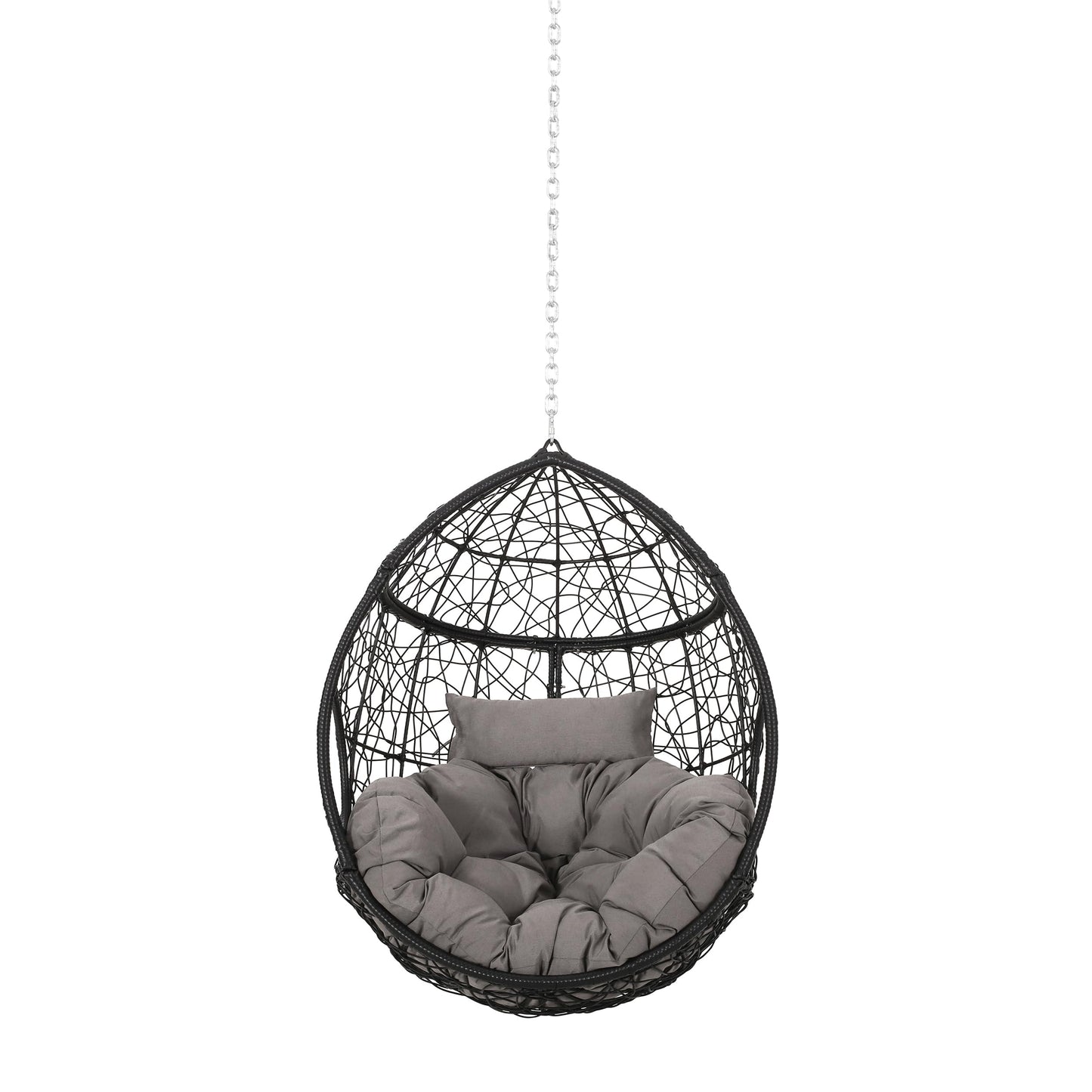 Merax Modern PE Wicker Egg Hanging Chair with Cushion, Outdoor Swing Rattan Chair for Balcony Bedroom, Backyard Gray+Black