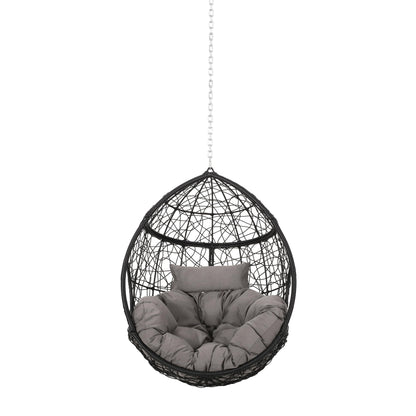 Merax Modern PE Wicker Egg Hanging Chair with Cushion, Outdoor Swing Rattan Chair for Balcony Bedroom, Backyard Gray+Black