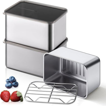 Hushee 3-Piece Stainless Steel Food Storage Containers - Airtight with Removable Drain Tray | 30 oz, 5.12 x 3.74 x 2.76 Inch